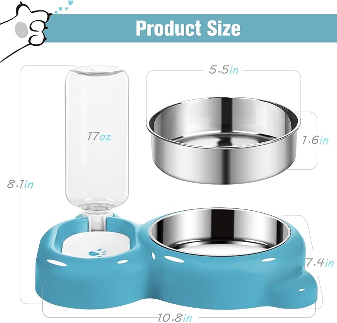 Dog Bowls, Cat Food and Water Bowl Set with Water Dispenser and Stainless Steel Bowl for Cats and Small Dogs - Blue - Image 5