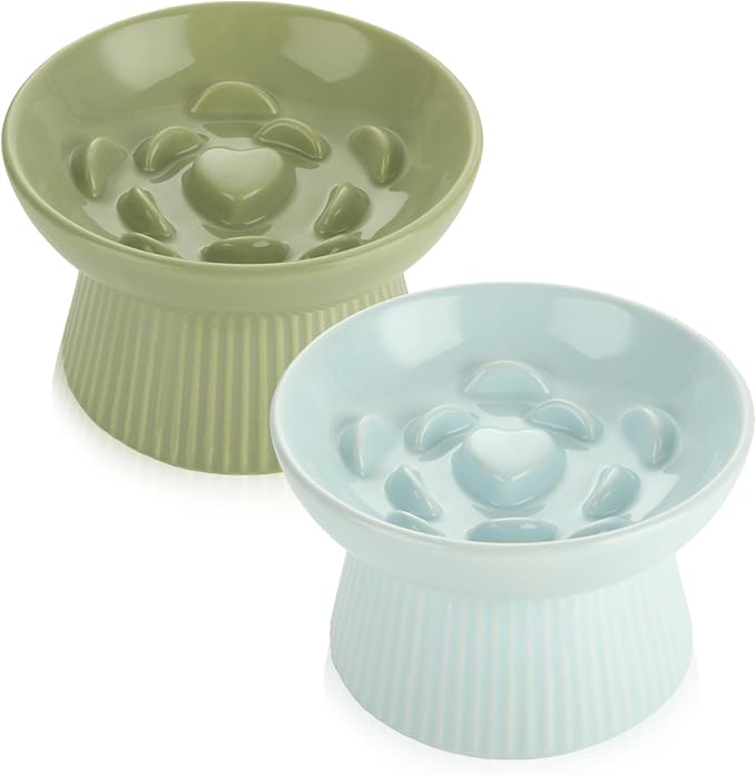 ABuff 2 Pack Raised Cat Slow Feeder, Elevated Slow Feed Dish for Cats and Small Dogs, Ceramic Slow Feeder Cat Bowl, No Spill High Edge for Dry/Wet Food(Blue, Green) by AbuffUS