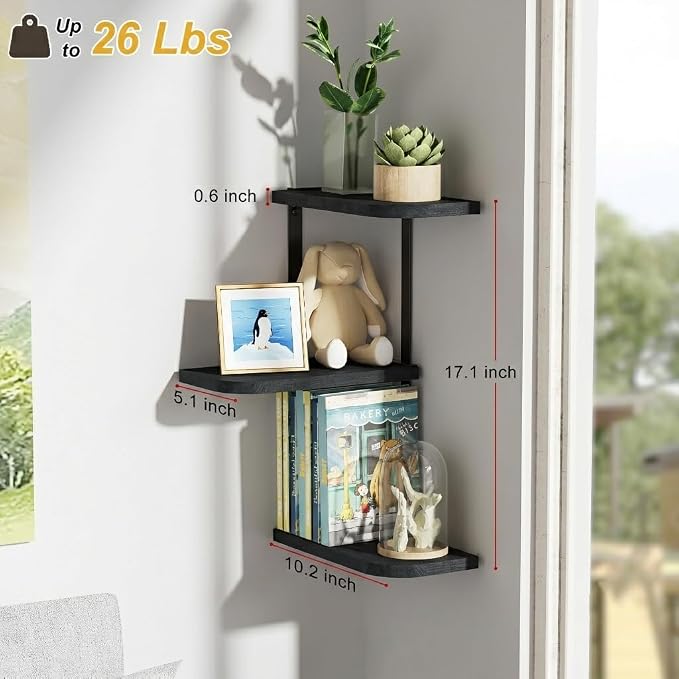 Love-KANKEI Corner Wall Shelf 3 Tier,Solid Wood with Bracket,17" Tall,Black | Floating Wall Shelves,Easy to Install,Capacity 26 Lbs,For Bedroom Living Room Bathroom Kitchen Office Display,Wall Decor - Image 3