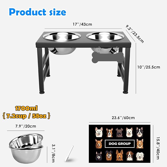 ADENGL Elevated Dog Bowls, 10" Tall Height, Raised Bowl Stand with 2 Stainless Steel Food Feeder Bowls (58oz) and Spill-Proof Mat for Medium Large and Small Breeds - Image 3