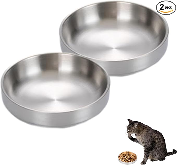 Whisker Fatigue Cat Bowl, Shallow Food Dish Stainless Steel for Cats, 2 Pcs | Wide Shallow Design Prevents Whisker Stress, Heavy Duty Metal Bowls for Indoor Cats and Small Dogs, Dishwasher Safe (Silver) by Unknown