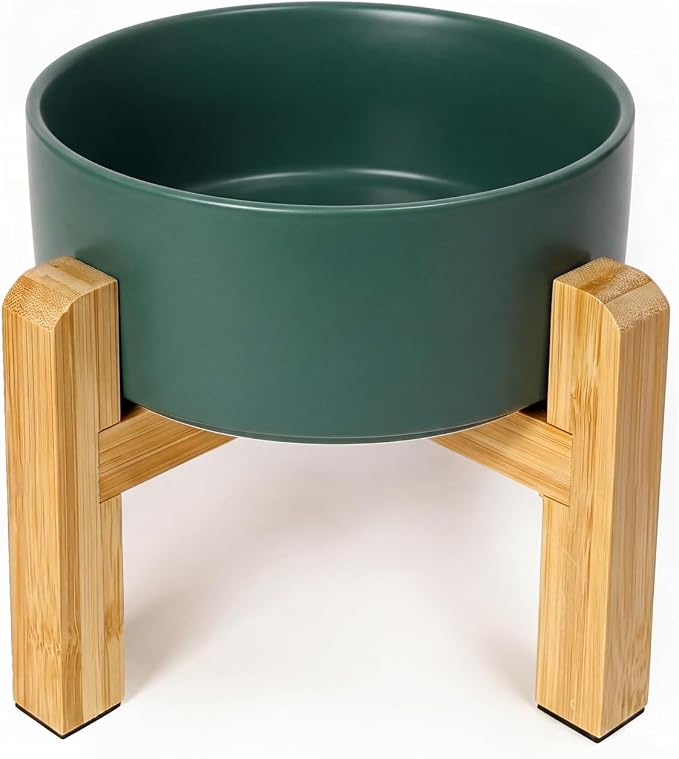Ceramic Elevated Dog Bowl with Bamboo Stand, for Small & Medium Dog, Green by HCHLQLZ