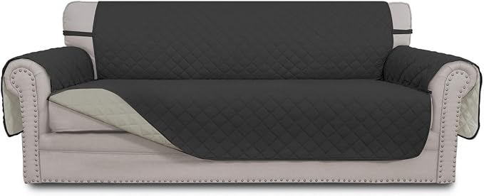 Easy-Going 4 Seater Sofa Slipcover Reversible Sofa Cover Water Resistant Couch Cover with Foam Sticks Elastic Straps Furniture Protector for Pets Children Dog Cat (XX-Large, Darkgray/Beige) | XX-Large Sofa, Washable Slipcover For Dogs, Water Resistant ... by Easy-Going