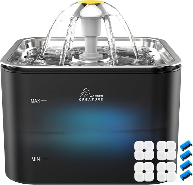 Wonder Creature Crystal Cat Water Fountain Stainless Steel Lid, 101oz/3L | Quiet Pet Fountain with Transparent Base, LED Light, Triple Filtration, 3 Flow Modes for Cats and Dogs, 4 Filters & 4 Sponges by WonderCreature