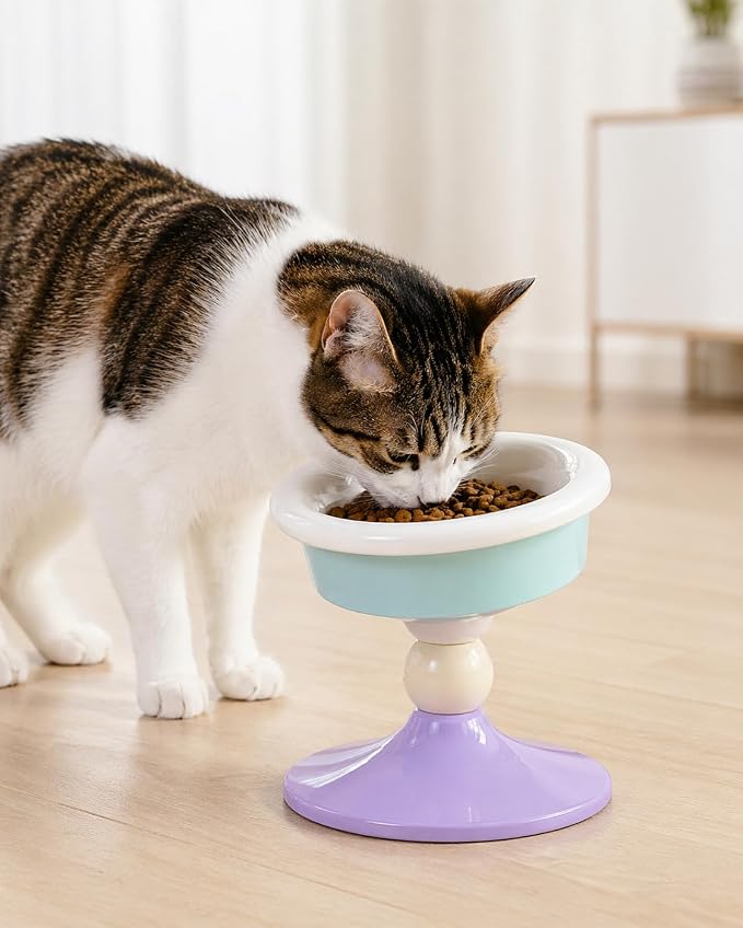 Elevated Ceramic Cat Bowl, Tilted Raised Cat Food Bowl for Indoor Cats, Whisker Friendly Anti Vomiting Cat Feeding Bowl with Non-Slip Stand, Lavender Mint - Image 2