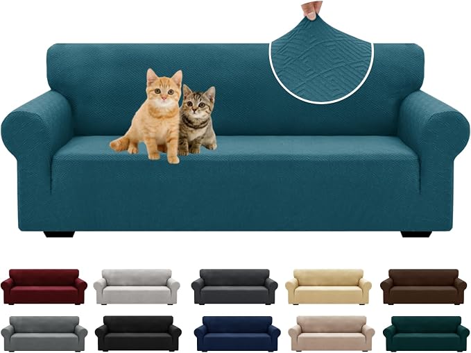 XINEAGE Stretch Jacquard Sofa Cover, Non Slip Sofa Slipcover for Dog | High-Stretch Fabric. Wear-Resistant, Pet Friendly. Easy Install & Washable for Living Rooms, Offices.Peacock Blue by XINEAGE