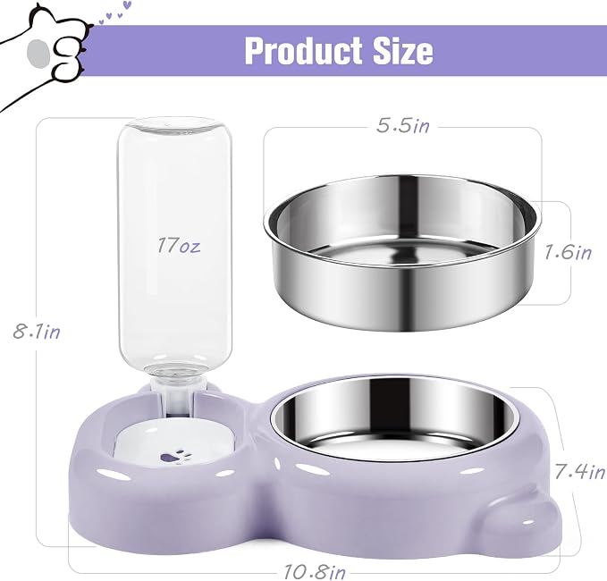 Dog Bowls, Cat Food and Water Bowl Set with Water Dispenser and Stainless Steel Bowl for Cats and Small Dogs - Purple - Image 5
