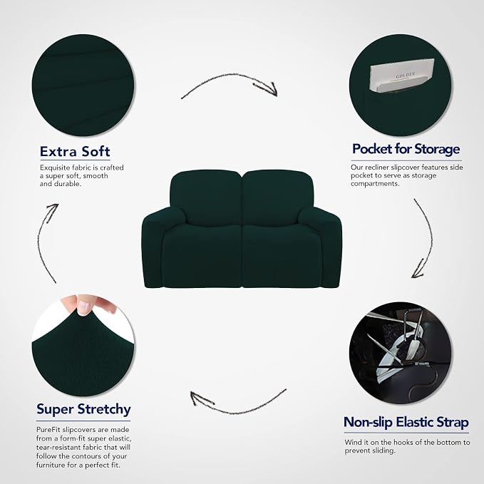 PureFit Super Stretch Loveseat Recliner Sofa Couch Cover with Pocket | 2 Seat Non Slip Soft Sofa Slipcover, Washable Reclining Furniture Protector for Kid, Pet (Recliner Loveseat, Deep Teal) - Image 3