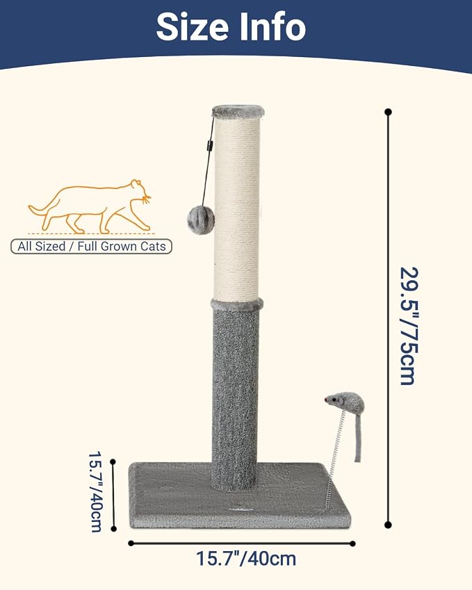 Tall Cat Scratching Post, Cat Scratchers for Indoor Cats | 29.5" Tall For Large Cats, Sisal & Carpet In One For Various Scratching Needs, Solid Structure, Extra Free Toy, Light Gray - Image 3