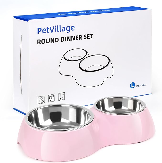 Elevated Dog Bowls Set - Non-Slip Raised Pet Feeder with Medium (10 oz) & Large (20 oz) Stainless Steel Bowls - Includes Durable Resin Stand for Corgi Puppies and Adult Cats - Pink by Petvillage