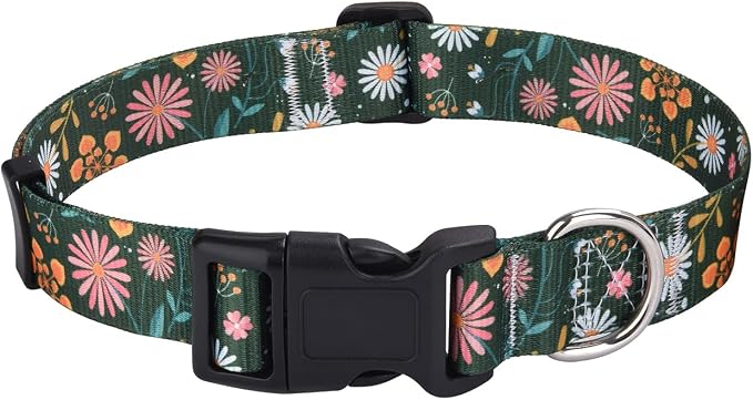 Mihqy Dog Collar for Medium Dogs, Floral Design, Dark Green Flower,M | Neck Fit 12.9"-21.6", Multiple Patterns，4 Sizes for Small Medium Large Dogs, Comfortable for Walks and Outdoor Hikes by Mihqy