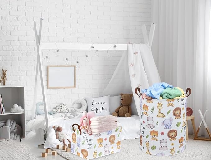 Rectangular Kids Storage Bins,Baby Baskets Organizer.Waterproof PE Coating Cute Basket with Handles.Woodland Nursery Decor,Toys Box,Books Basket, (Cute Animal) - Image 3