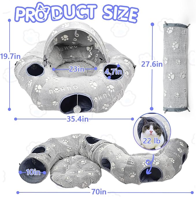 Cat Tunnel Bed, Cat Tunnels for Indoor Cats, Cat Donut Tunnel Toy with Washable Circle Cushion, Straight Shaped Tunnel, 4 Fluffy Balls, Blackout Tent, Self-Luminous Cat Toys（Grey） - Image 5