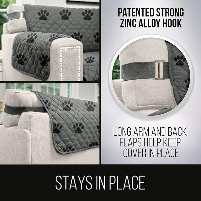 Sofa Shield® Couch Small Sofa Slip Cover for Dogs with Strap Paw Gray Black | Reversible Furniture Protector, Stain and Tear Resistant Cushion Cover, Machine Washable Slipcover for Pets, Cats 70 inch - Image 4