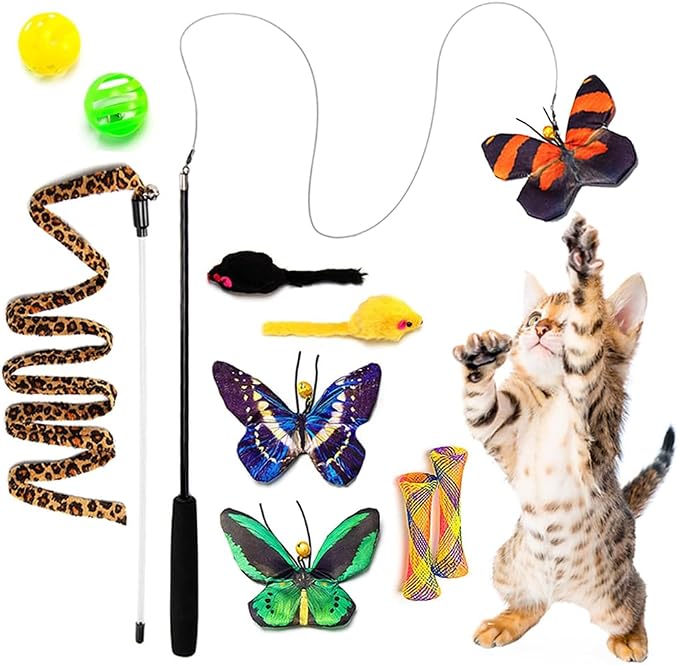 AWOOF Butterfly Cat Wand Cat Toys Set, Realistic Crinkle Catnip Butterflies Kitten Toys with Retractable Interactive Cat Wand 11 PCS Cat Toys for Indoor Cats | Butterfly Cat Toys Set, Crinkle Catnip Butterflies Kitten Toys with Retractable Interactive ... by AWOOF