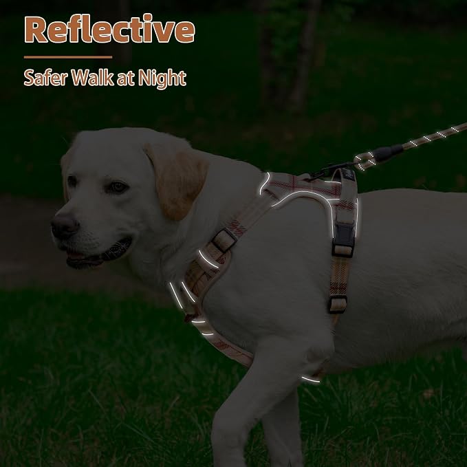 PUPTECK No Pull Dog Harness Medium Sized, Adjustable Reflective Dog Harness with Handle Easy Control, Comfortable Soft Padded Pet Vest Harness for Medium Dogs, Plaid Beige M - Image 7