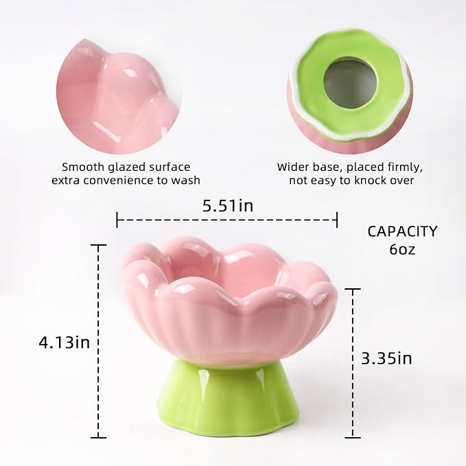 DIF DECO Ceramic Raised Cat Bowl, Pink Elevated Food Bowls for Food and Water Protecting Spine and Whisker Friendly, Tulip Shape Cute Pet Feeder Dish for Indoor Cats and Small Dogs (Height 4.1 inch) - Image 3