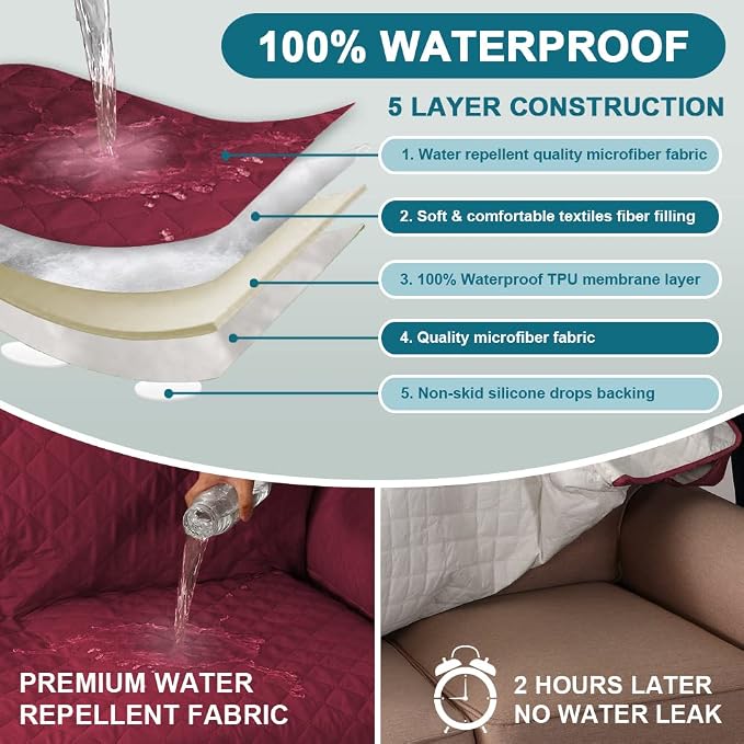 Turquoize 100% Waterproof Sofa Covers Chair Cover Slipcover Couch Protector Triple Non-Slip Sofa Slipcover for 1 Cushion Furniture Protector for Pets, Kids,Dog (Chair 23", Burgundy) - Image 3