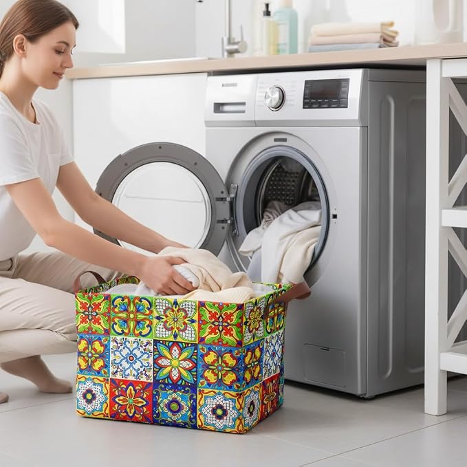 Mexican Talavera Decoration Storage Basket Waterproof Canvas Toy Storage Bin Collapsible Outdoor Basket with Leather Handles Mexican Talavera Decor Blanket Baskets For Closets,Bedrooms,Gifts Baskets - Image 6