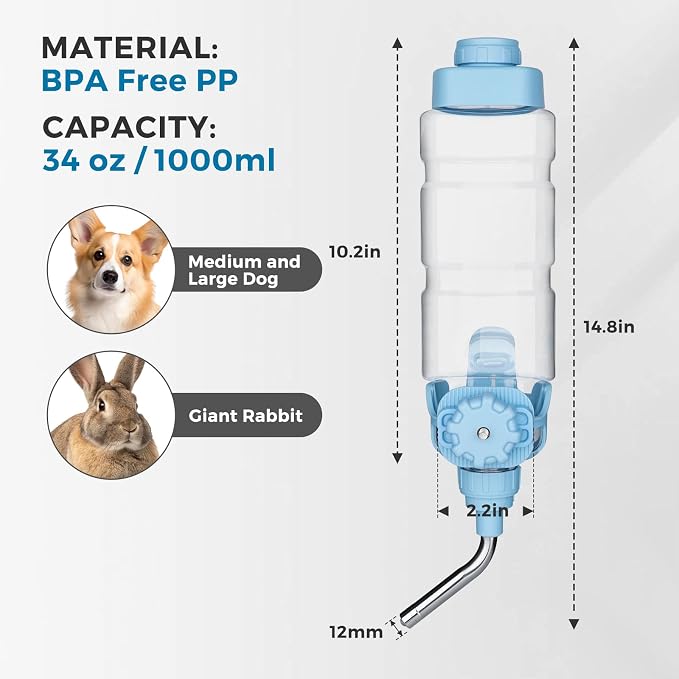 Vannon Dog Crate Water Bottle, 34oz Top-Fill Pet Water Dispenser, Blue | kennel water bottle helps keep pets hydrated longer with fewer refills and easy daily care. - Image 6