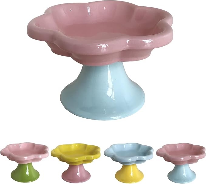Ceramic Elevated Cat Bowls Flower Dish,Small Raised Dish.Flower Ceramic Raised Bowls for Cats and Small Dogs reducing pet’s Neck Bending and Pressure（Pink Blue） by Unknown