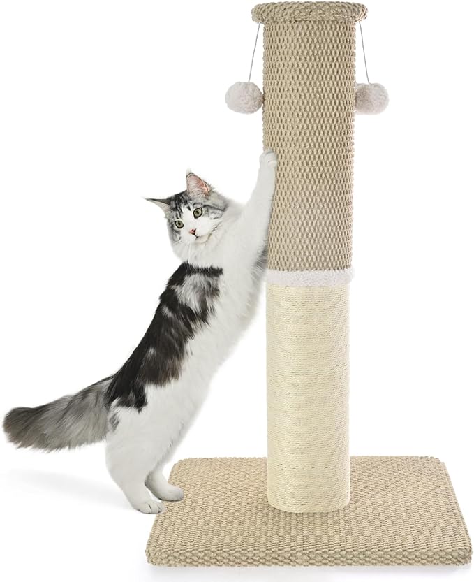 Made4Pets Tall Cat Scratching Post with Sisal & Carpet for Indoor Cats, 33" | Cat Scratcher with Wide Stable Base, Interactive Hanging Toys, Ideal for Adult Cats, Large Breeds and Full-Body Stretching by Made4Pets
