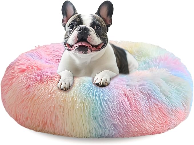 JOLLYVOGUE Calming Dog Bed Medium Size Dog, Anti-Anxiety Donut Medium Pet Bed, 27 inches Fluffy Faux Fur Round Cat Bed (Rainbow) by JOLLYVOGUE