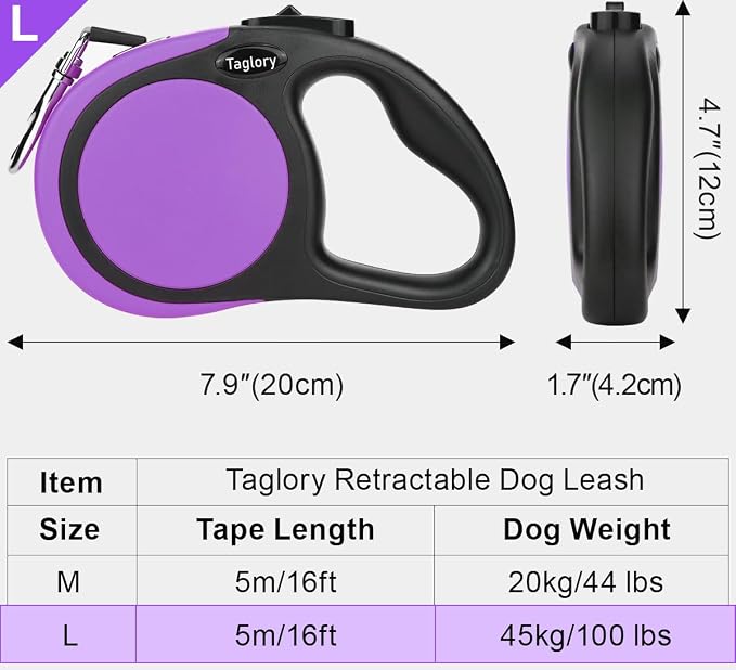 Taglory Retractable Dog Leash, One-Handed Brake, 16ft, Up to 44 lbs, Purple | More Freedom While Staying in Control, Smooth Retraction, Tangle-Free Design, Easy-Grip Handle, Daily Neighborhood Walks - Image 4