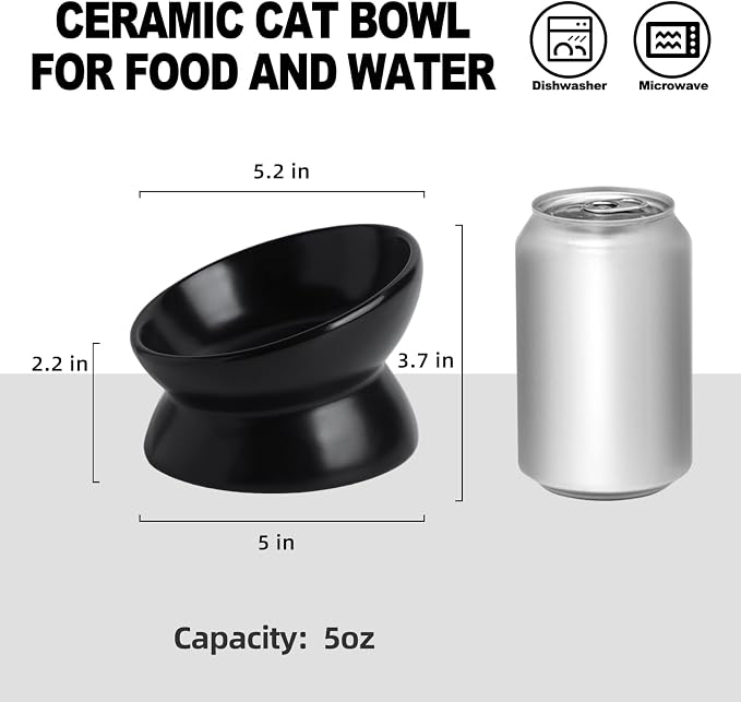 Elevated Ceramic Cat Bowl, 15° Tilted Raised Food & Water Dishes, Anti-Vomiting & Neck Protection Pet Feeder for Kittens, Small Dogs (5.2", Black, 4pc Set) - Image 2
