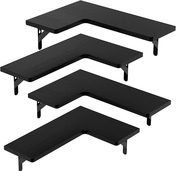 Amada Corner Floating Shelves, Paulownia Wood, Set of 4, Black | Corner Wall Shelves with Triangular Metal Bracket, 44 lbs Capacity per Shelf, L-Shaped Design for Home Decor, Kitchen Storage - Image 8