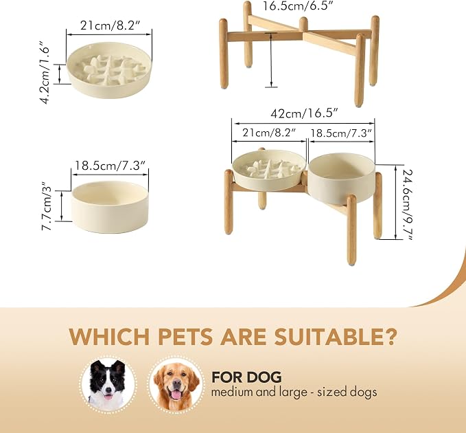 Havniva Elevated Slow Feeder Dog Bowls, Ceramic Dog Bowl Slow Feeder Set | 1.6 Cups Raised Slow Feeder Dog Bowl for Medium Breed, 7.3” Dog Water Bowl with Wooden Stand, Puzzle Dog Food Bowl, Non-slip - Image 2