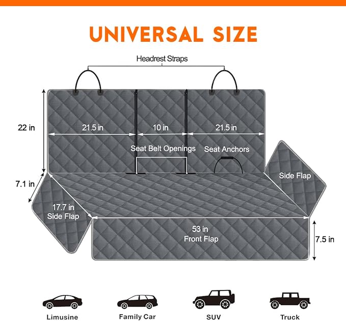 Yuntec Dog Car Cover for Back Seat Pet Car Seat Cover Protector | Waterproof Rear Seat Cover Nonslip Bench Car Seat Cover fits Middle Armrest for Most Cars Trucks SUVs (53” Width) - Gray - Image 3