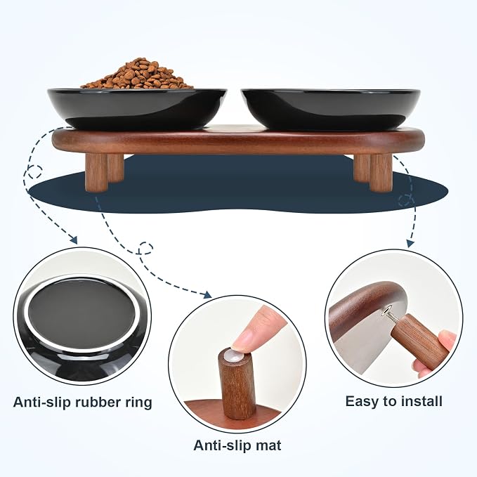 SPUNKYJUNKY Extra Wide Elevated Ceramic Cat Bowl with Acacia Wood Stand Whisker Friendly (Cat Paw Pattern, Black) - Image 5