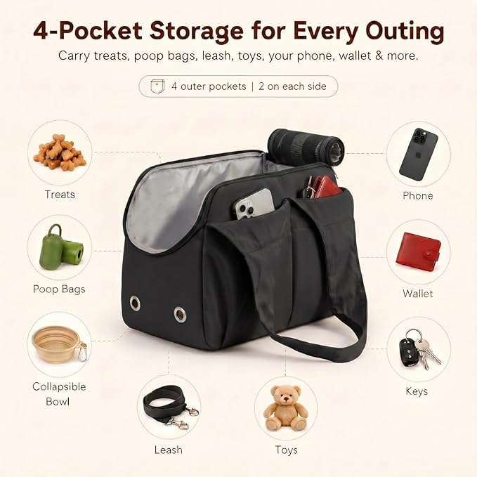 Fashion Dog Purse Carrier for Small Dogs and Cats, Soft-Sided Puppy Tote Bag Under 15 lbs, Lightweight Pet Carrier with 4 Pockets, Smart Zipper Lock, Pet Travel Bag for Travel Outdoor(Black) - Image 4