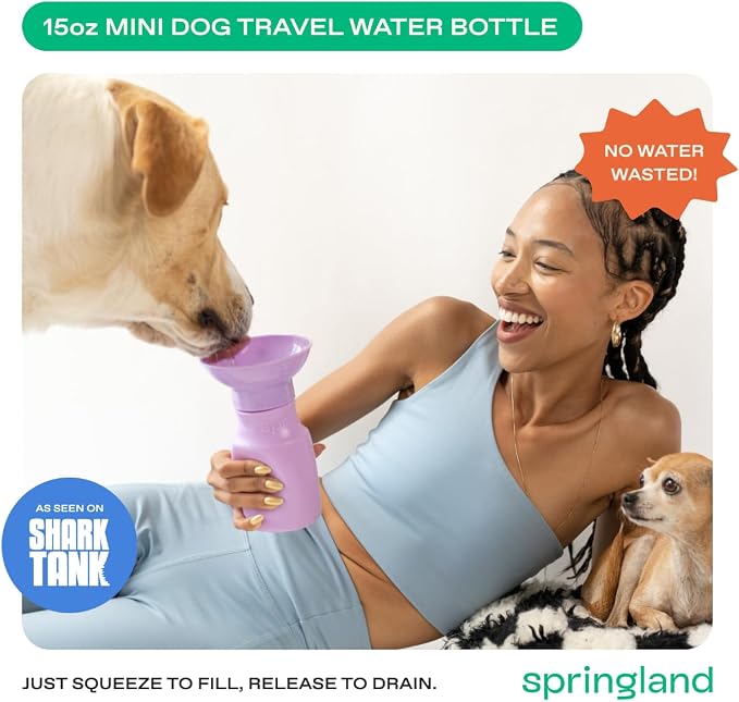 Springland 15oz Classic Portable Dog Water Bottle with Built-in Bowl, Lilac | Leak-proof, BPA-free, one-hand squeeze, for travel & hiking, fits car cup holders, great dog gift, as seen on Shark Tank - Image 2