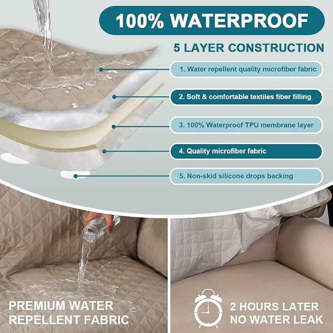 Turquoize 100% Waterproof Sofa Covers Chaise Lounge L Shape Sofa Protector Slip Cover Triple Non-Slip Sofa Slipcover for Sectional Couch Cover for Pets, Kids (Chaise, Khaki) - Image 3