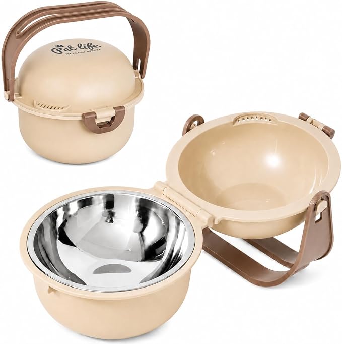 Travel Dog Bowl, Portable Dog and Cat Food & Water Bowl with Handle - Non-Slip, Easy to Clean, Made with Food Grade Plastic & 18/8 Stainless Steel for On-The-Go Pets (Apricot) by Unknown