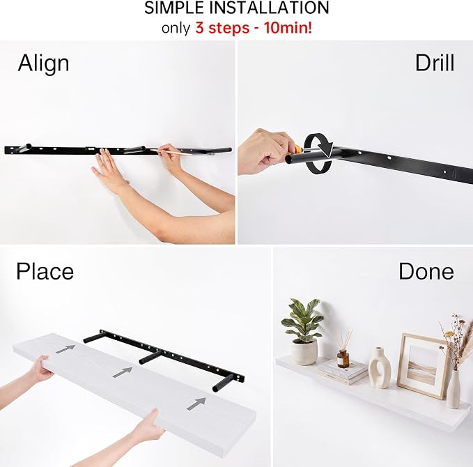 BAYKA White Floating Shelves 47.2in, Set of 2, Wall Mounted for Wall Decor | Easy Install, 30lbs Max Load, Hidden Bracket, Shelving for Bathroom Bedroom Kitchen Office Storage, Multi-Wall Compatible - Image 8