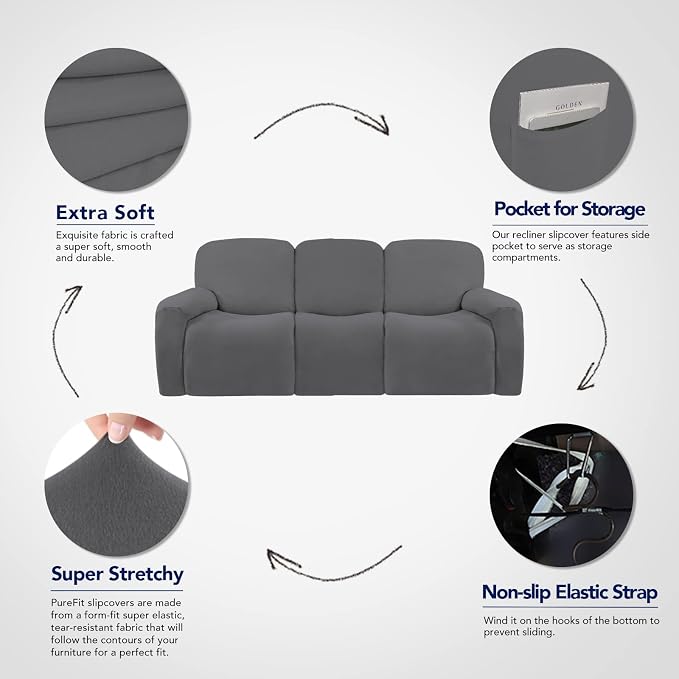 PureFit Super Stretch 3 Seats Recliner Sofa Couch Cover with Pocket | Non Slip Soft Sofa Slipcover, Washable Spandex Reclining Furniture Protector for Kids, Pets (Recliner Sofa, Gray) - Image 3