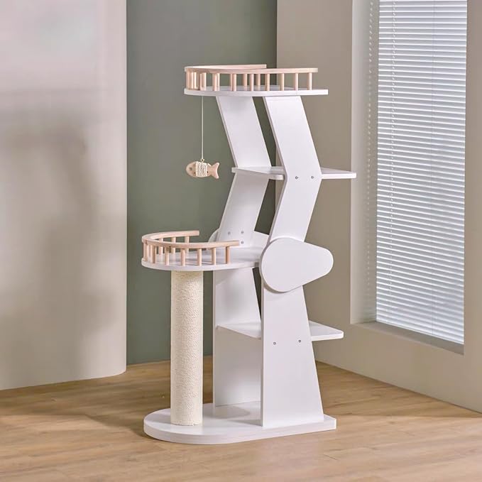 SHENGOCASE Modern Wooden Cat Tree Tower for Window Viewing Watching, 54.3 Inches Tall, 5-Level Large Perch Platform with Sisal Scratching Post, White - Image 2