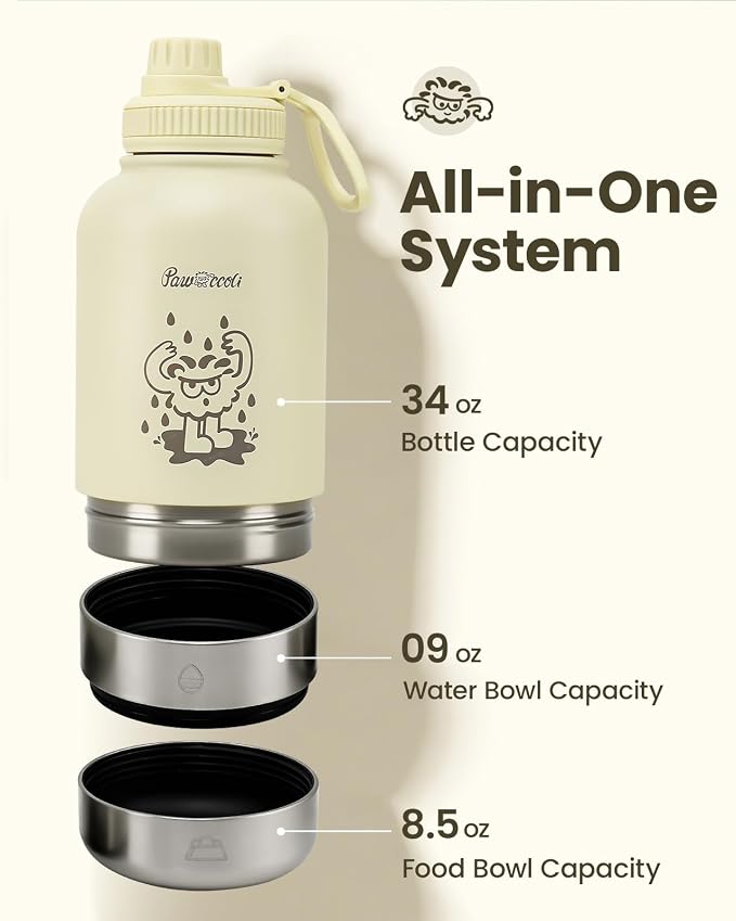 34oz Dog Water Bottle, Stainless Steel Dog Water Bottle Dispenser with Detachable Food & Water Bowls, Keeps Water Hot/Cold, for Walking, Hiking, Camping(Cream) - Image 2