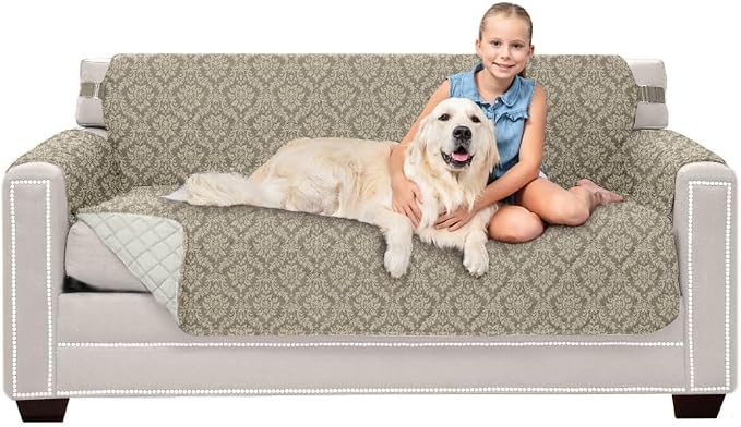 Sofa Shield® Couch Small Sofa Slip Cover with Strap, Damask Latte Ivory | Reversible Furniture Protector, Stain and Tear Resistant Cushion Cover, Machine Washable Slipcover for Pets, Cats 70 inch by SofaShield
