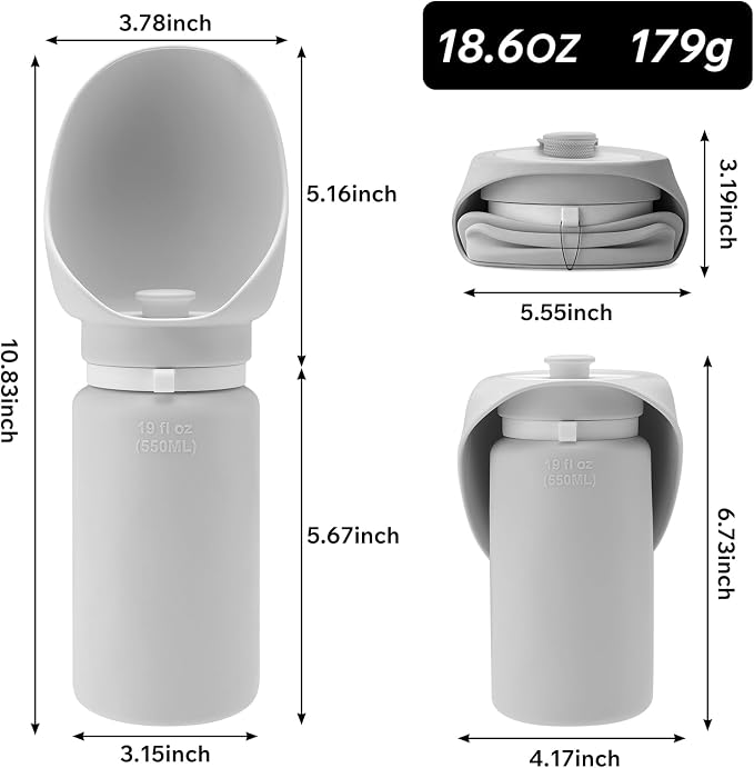 Dog Water Bottle and Collapsible Bowl Set, 18.6 oz/550ml Leakproof Silicone Portable Pet Travel Water Bottle for Walking, Hiking and Camping, Light Grey - Image 5