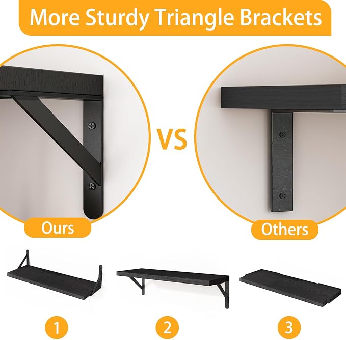 Fixwal Wall Floating Shelves for Home Decor (Black, Set of 5, 16.5 Inch) | Wood Shelves, Natural Grain, 40Lb Capacity, Sturdy Triangle Brackets, Versatile for Any Room - Image 4