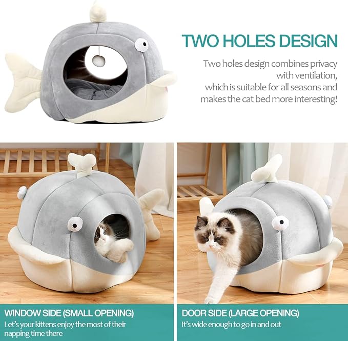 Lcybem Cat Beds for Indoor Cats - Cat Bed Cave with Removable Washable Cushioned Pillow, Soft Plush Premium Cotton No Deformation Pet Bed, Roomy Dolphin cat House Design, Multiple Sizes - Image 3