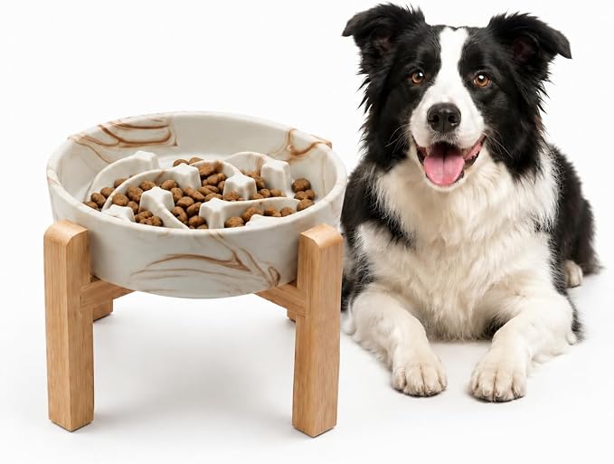 Elevated Ceramic Slow Feeder Dog Bowls Anti-Choking Slow Feeding for Medium& Large Anti-Slip Non-Lead & Toxic Durable Easy to Clean Maze Slow Feeder Bowl（8.66in Marble Brown Stars Pattern） by addggo