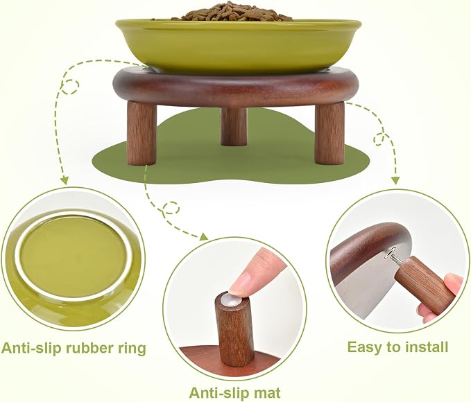 SPUNKYJUNKY Shallow Elevated Cat Bowl with Acacia Wood Stand Wide Raised Ceramic Cat Dishes Whisker Friendly Pet Food and Water Plates (Striped Pattern, 2 Pack, Green) - Image 5