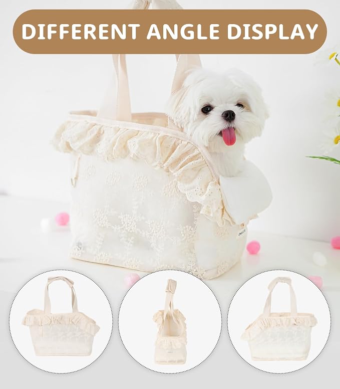 ONECUTE Dog Carrier for Small Dogs Rabbit cat with Lace Design, Cotton Bag, Dog Carrier Soft Sided, Collapsible Travel Puppy Carrier (Beige, 13" L x 6.7" W x 10.6" H) - Image 5