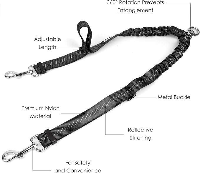 AUTOWT Double Dog Leash, No Tangle 360°Swivel Rotation Reflective Lead Attachment Adjustable Length Dual Two Dogs Lead Splitter, Comfortable Shock Absorbing Walking Training for 2 Dogs - Image 6