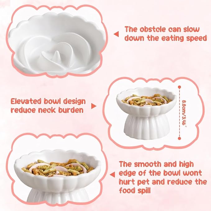 Ceramic Raised Slow Feeder Cat Bowl with Lick Mat, for Indoor Cats and Small Dogs Like Chihuahua, French Bulldog, Poodle,Anti Vomiting for Dry and Wet Food-White Bowl+Lick Mat - Image 3